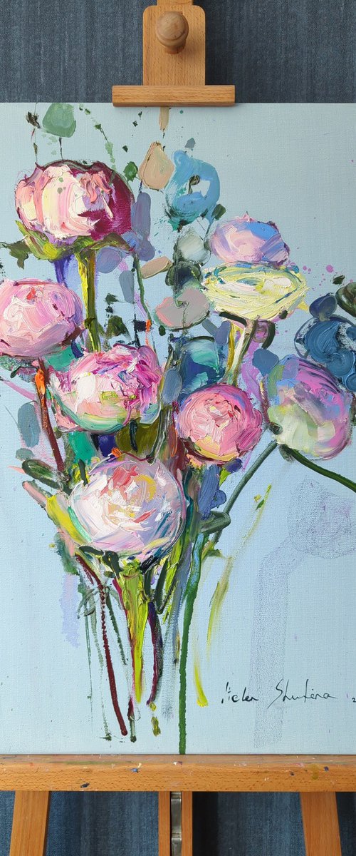 Dreaming peonies on blue by Helen Shukina