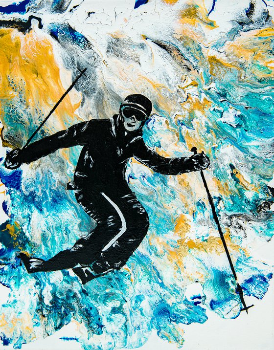 Skier in the alpine mountains blue gold white gift for boyfriend office boss decoration of home