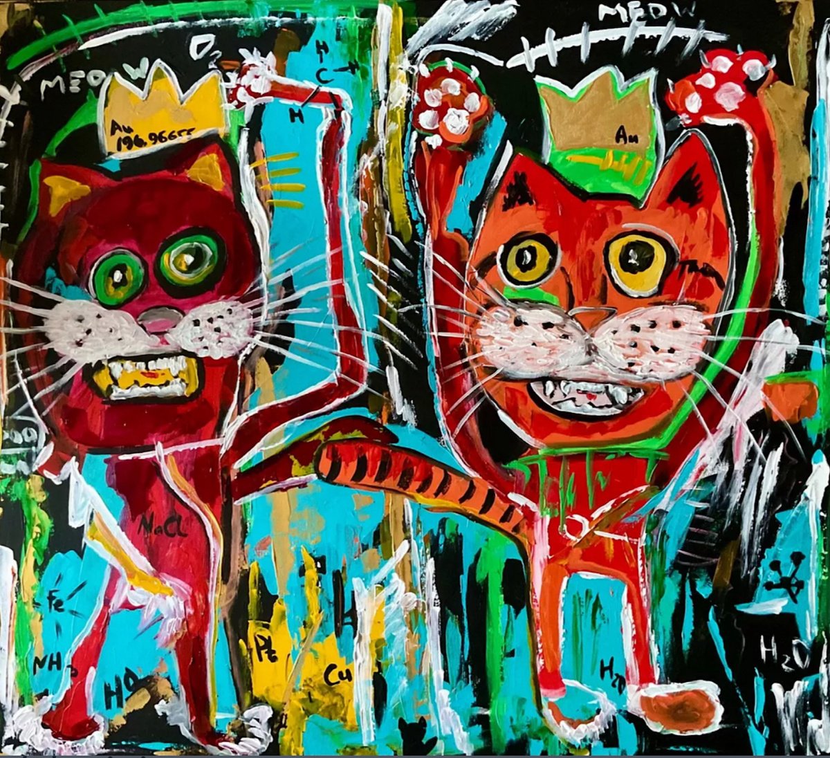 Expressive Animal Acrylic Painting By Olga Koval, 35 X 31", Cats Kings Alchemists, Original Artwork