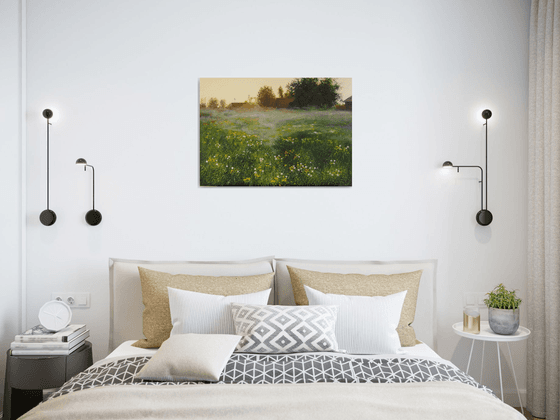 Dandelions Field, Misty Meadow Sunrise