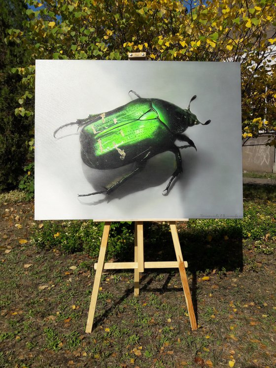 Green beetle art, insect painting, green glowing beetle, hyperrealism, realistic painting