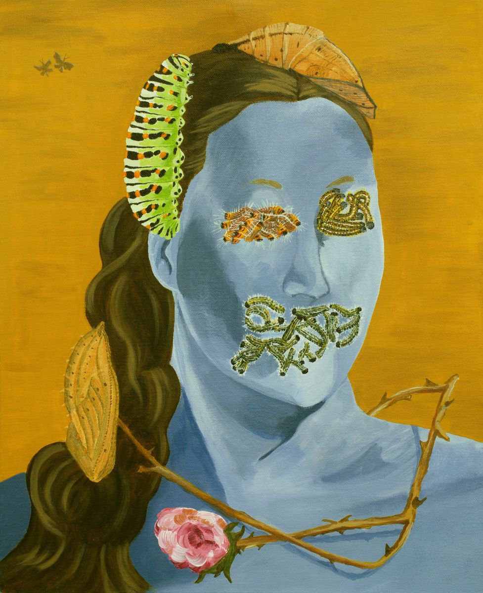 Surrealistic Portrait Acrylic Painting By Stephen Beer, 18 X 22", Surrealist Art In Its Larval Stage - Valentine, Artfinder