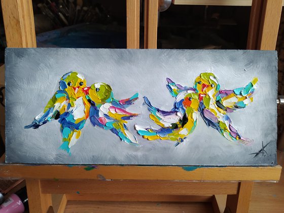 Dance in heaven - oil painting, kiss, birds, birds lovers, animals oil painting, Impressionism, palette knife, art bird, gift.