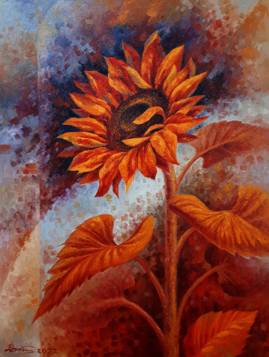 Impressionistic Botanical Oil Painting By Serhii Voichenko, 24 X 32", Sunflower In Orange, Original Artwork