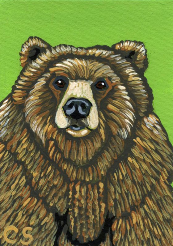 ACEO ATC Original Miniature Painting Brown Bear Wildlife Art-Carla Smale