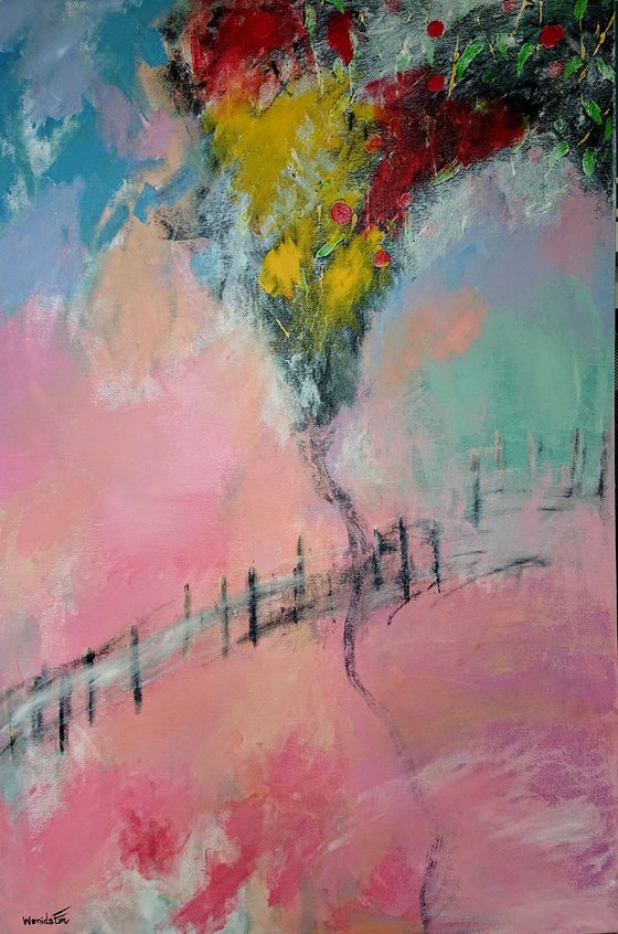 There is an Apple tree in our backyard, Original abstract painting, pastel colors, Ready to hang