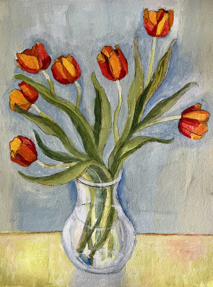 Illustrative Botanical Acrylic Painting By Christine Callum Mcinally, 12 X 16, Tranquil Red Tulips, Original Artwork