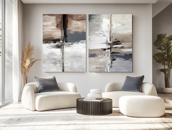 Parallel Ground.Neutral Abstract Diptych