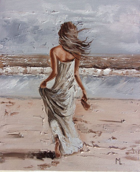 " BY THE SEA "- SKY SEA SAND liGHt  ORIGINAL OIL PAINTING, GIFT, PALETTE KNIFE