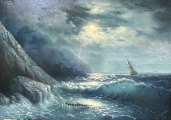 Storm at Sea Under the Moon