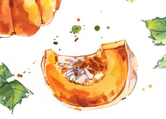 "Pumpkin in dotted drops. Expressive sketch" original watercolor illustration