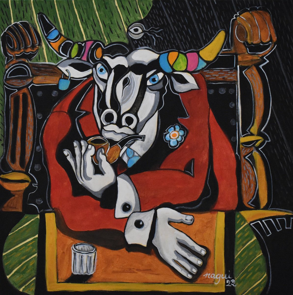 Expressive Portrait Acrylic Painting By Nagui, 20 X 20", The Thinking Minotaur, Original Artwork