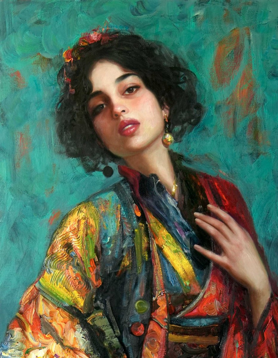 Impressionistic Portrait Oil Painting By Nihad Aghazada, 31 X 79", "Reflection Of The Soul - ?, Original Artwork