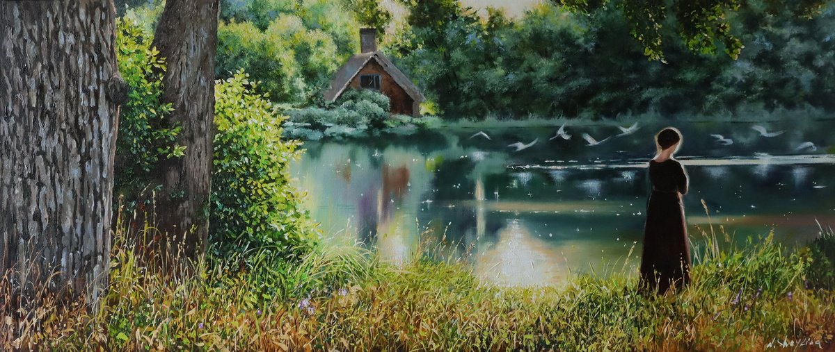 Photorealistic Oil Painting , New Beginnings By The Lake By Natalia Shaykina, 37 X 16, Artwork For Sale On Artfinder