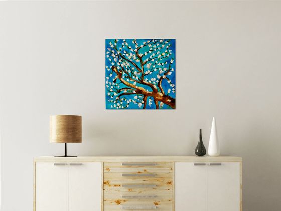 Almond blossom on turquoise inspired by Vincent Van Gogh oil painting ready to hang