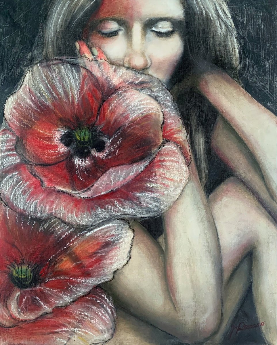Expressive Portrait Charcoal Drawing By Maria Romano, 16 X 20", Red Poppies, Original Artwork