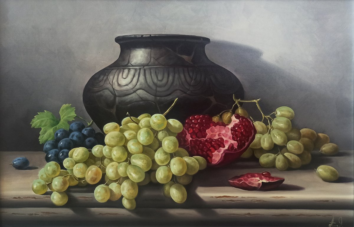 Photorealistic Still Life Oil Painting By Tamar Nazaryan, 24 X 16", Pitcher And Fruits, Original Artwork