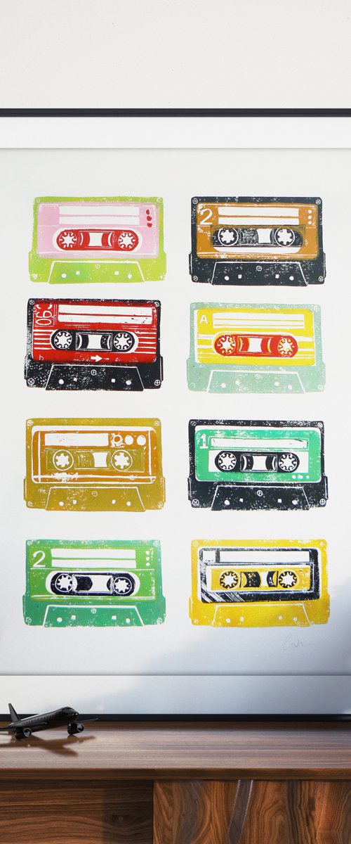 Linocut tapes #5 (cassette tapes, retro music, 70's, 80's rock culture) by Carolynne Coulson