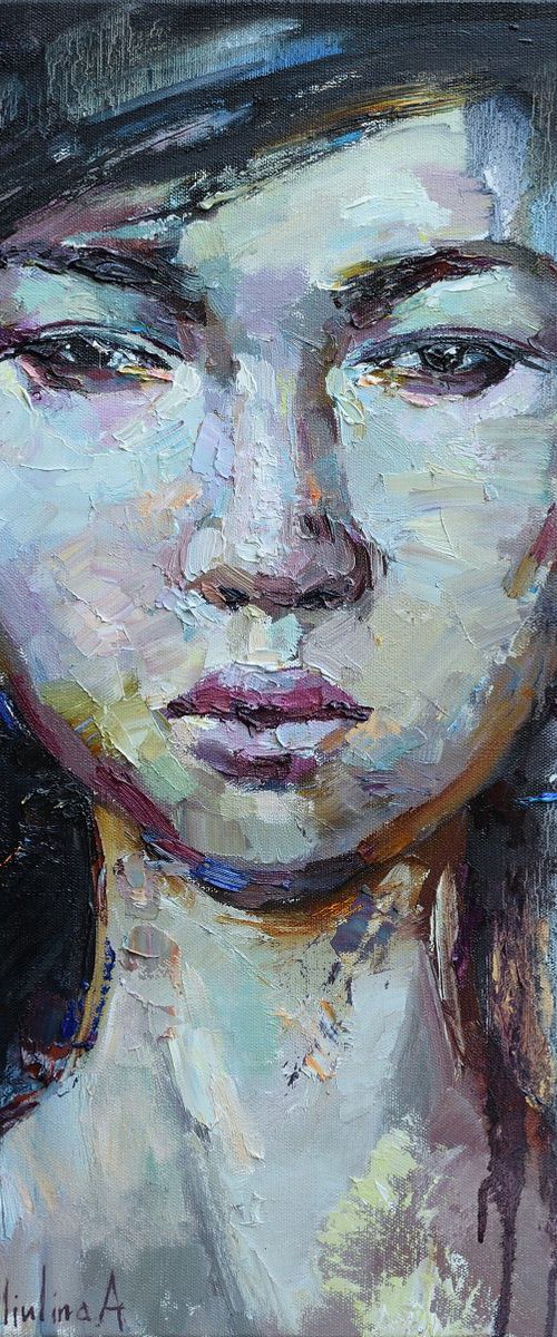 Asian girl abstract portrait painting 50 x 60 cm by Anastasiia Valiulina