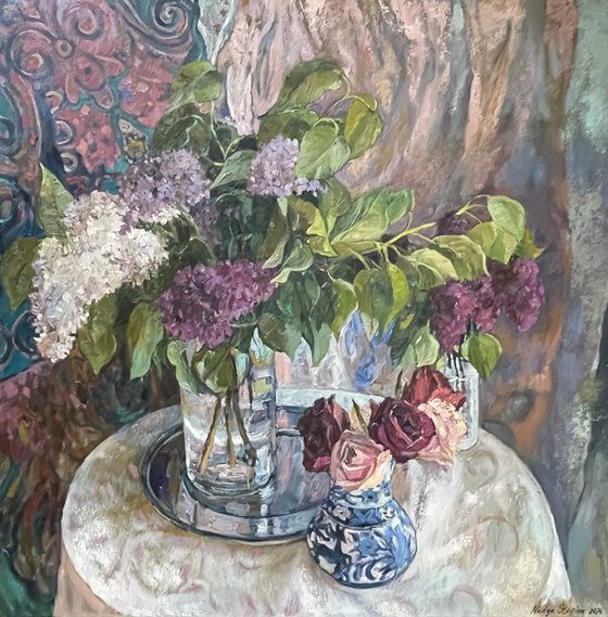 Spring still life with ornamental fabric