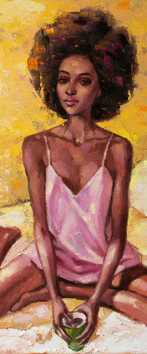 BLACK COFFEE - Intimate Morning Scene: Hand-painted Beautiful Black Girl Enjoying Morning Coffee in Her Bedroom in Soft Morning Light by Yaroslav Sobol