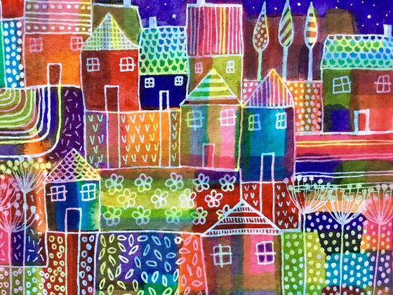 Rainbow City, small watercolour abstract painting