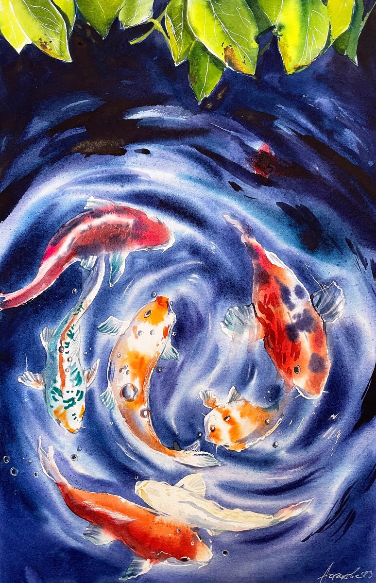 Impressionistic Animal Watercolour By Ksenia Astakhova, 13 X 20", Koi Pond, Original Artwork