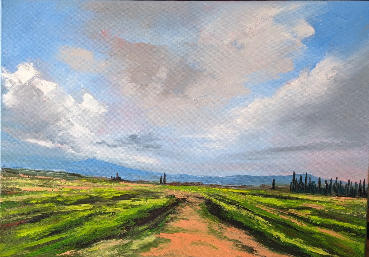 Impressionistic Landscape Oil Painting By Steve Keenan, 25 X 18", Lombardy Vineyard, Original Artwork