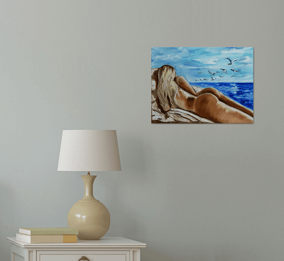 The Hottest Day in Summer. Nude at the seaside. Erotic painting.