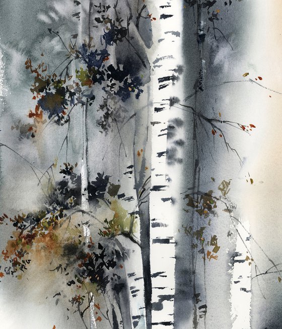 Birch Forest Landscape Nature Watercolor Painting, Trees Painting