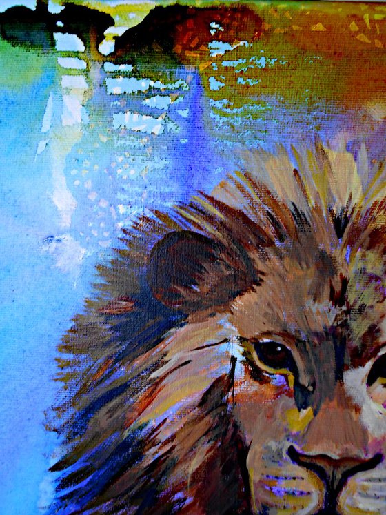 Lion Animal Portrait - Abstract Contemporary Big Cat Painting with Bohemian Pattern