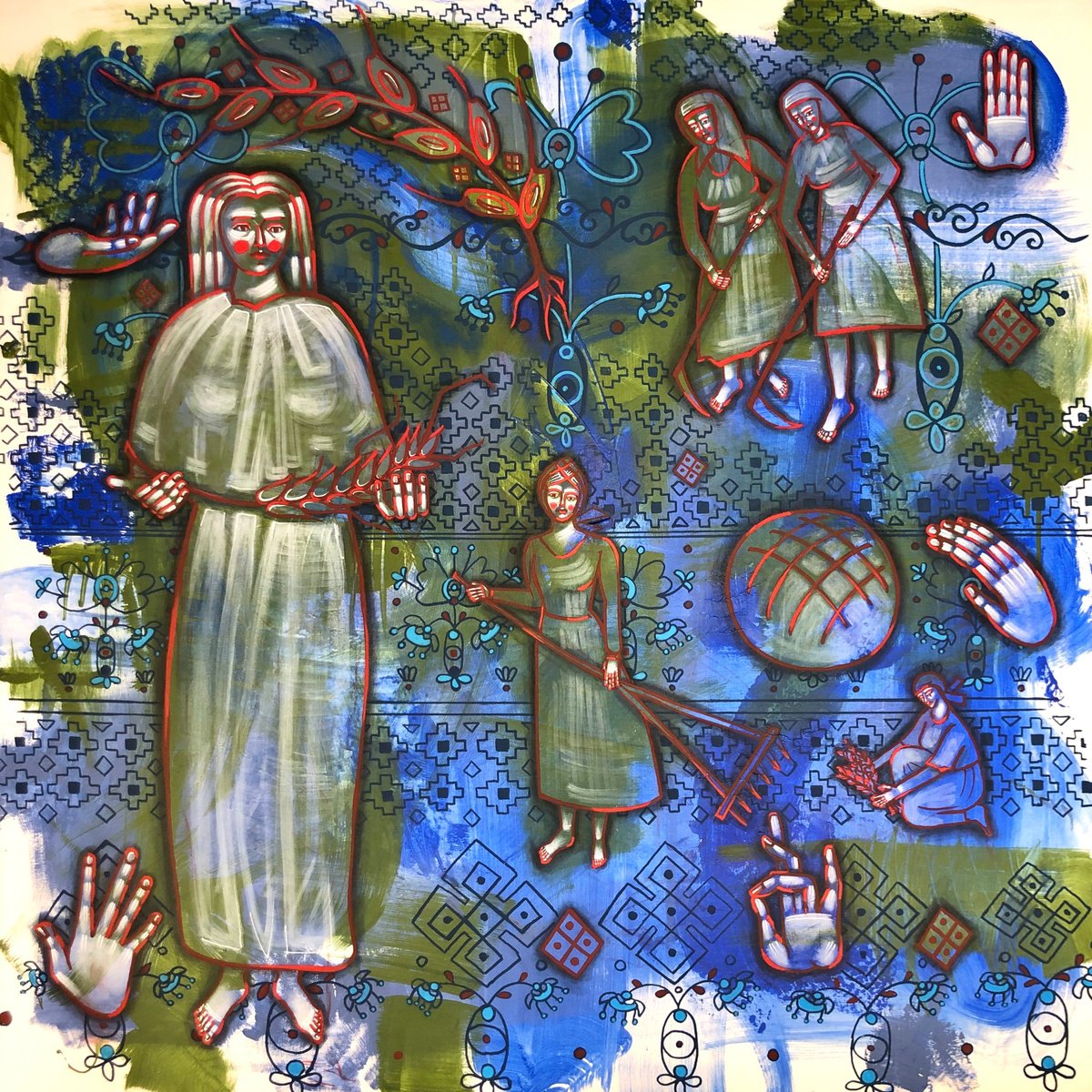 Naive Portrait Acrylic Painting By Yuliia Chaika, 39 X 39", The Hottest Month Of The Year. Harvest., Original Artwork