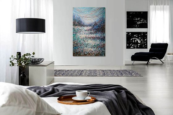 Large Beautiful nature A peaceful landscape calm painting Brown blue art - Ready to hang