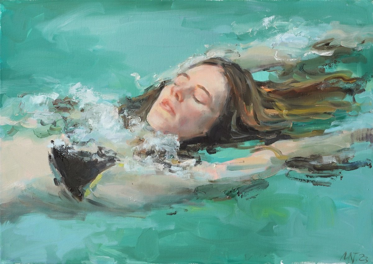 Impressionistic Portrait Oil Painting By Nelina Trubach-Moshnikova, 28 X 20", Vacation Water, Original Artwork