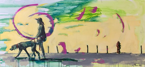 XL Big bright painting - "Green street" - Urban Art - Street - City - Dog - Girl with dog