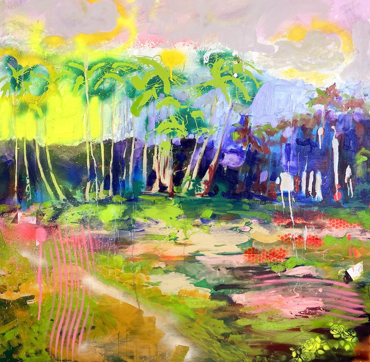 Expressive Landscape Painting By Martina Palmoni, 39 X 39", Foresta A El Nido, Original Artwork