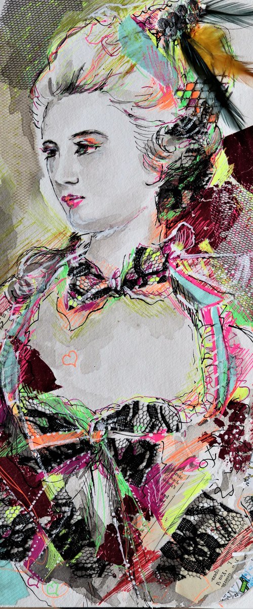 Marie Antoinette II- Portrait mixed media drawing on paper by Antigoni Tziora