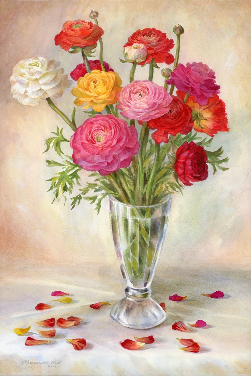 Still Life Watercolour By Yulia Krasnov, 15 X 22", Multicolored Ranunculus, Original Artwork