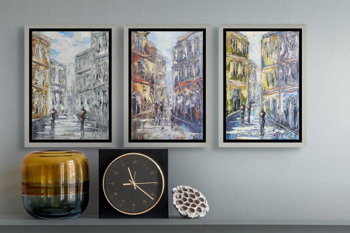 Impressionistic Cityscapes Oil Painting By Anush Emiryan, 24 X 12, Urban Triptych, Original Artwork