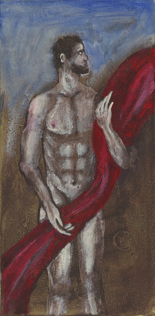 Male Nude Figure With A Red Cloth by Anton Maliar