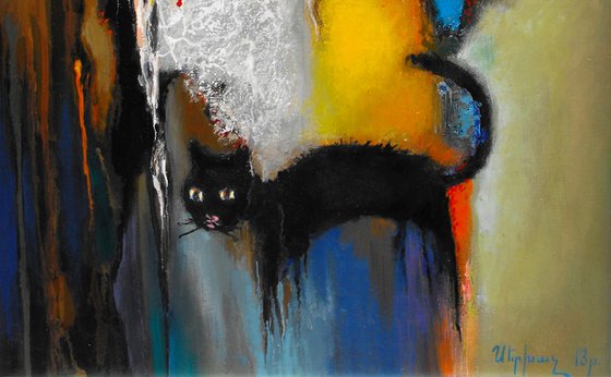 The king and the black cat (70x50cm, oil, acrylic/canvas, ready to hang)