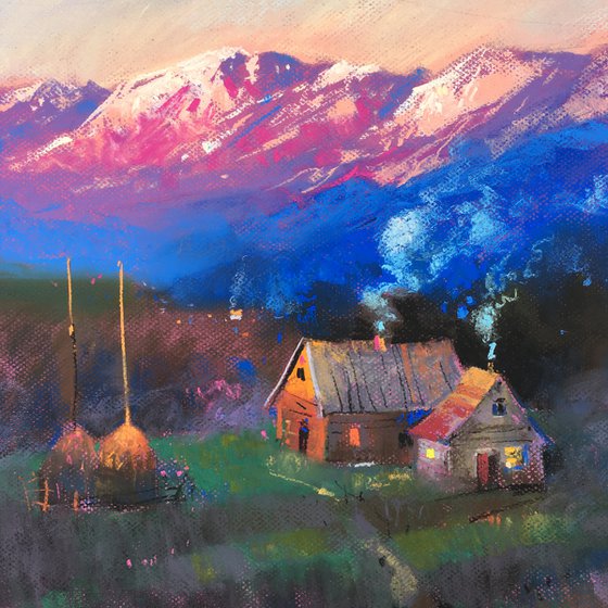 Ukrainian art Sunrise in the Carpathians Mountains. Soft pastel drawing 19.6x19.6 inch (50x50 cm)