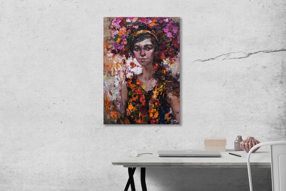 Girl with flowers - Original oil female portrait painting