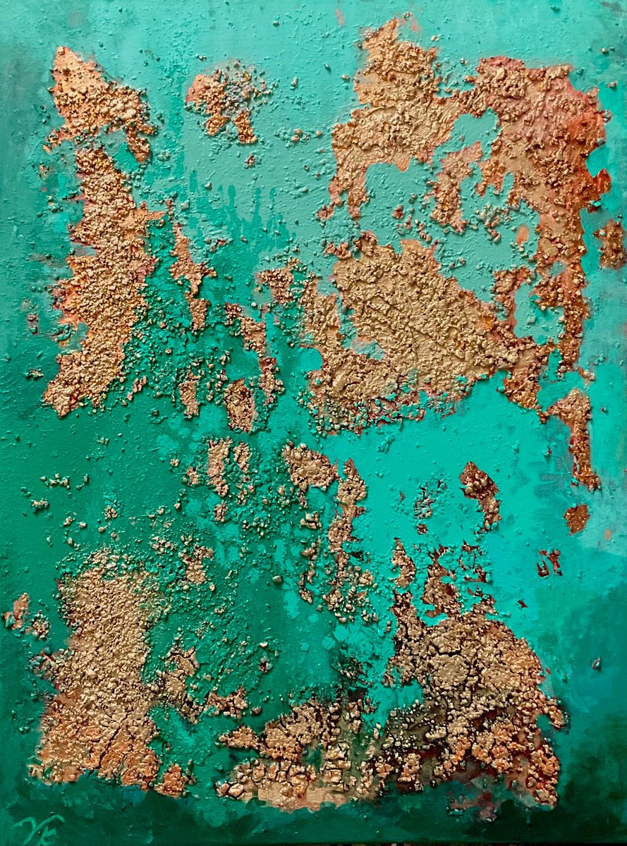Organic Abstract Acrylic Painting By Vera Klimova, 24 X 31", Gold In Turquoise, Original Artwork
