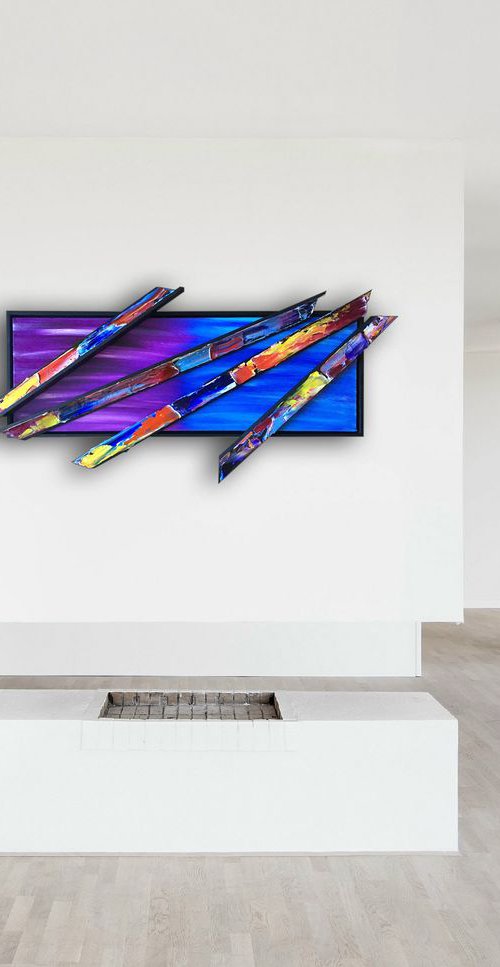 "Pick Up The Pieces" - FREE USA SHIPPING - Original PMS Mixed Media Sculptural Painting On Canvas and Wood, Framed - 44 x 20 inches by Preston M. Smith (PMS)