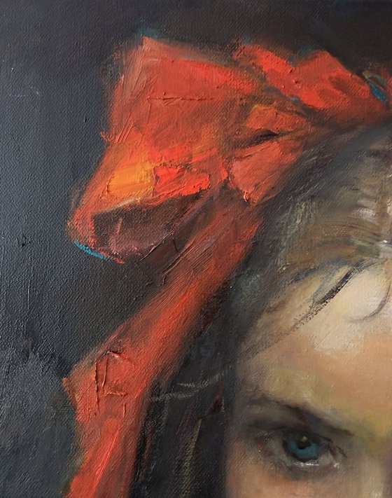 Girl with a red bow. Before.