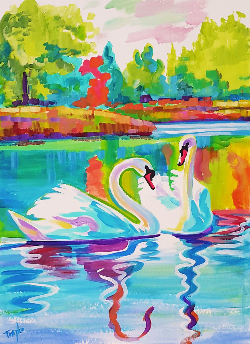 Abstract Landscape Acrylic Painting By Trayko Popov, 22 X 30", Afternoon On The Lake, Original Artwork