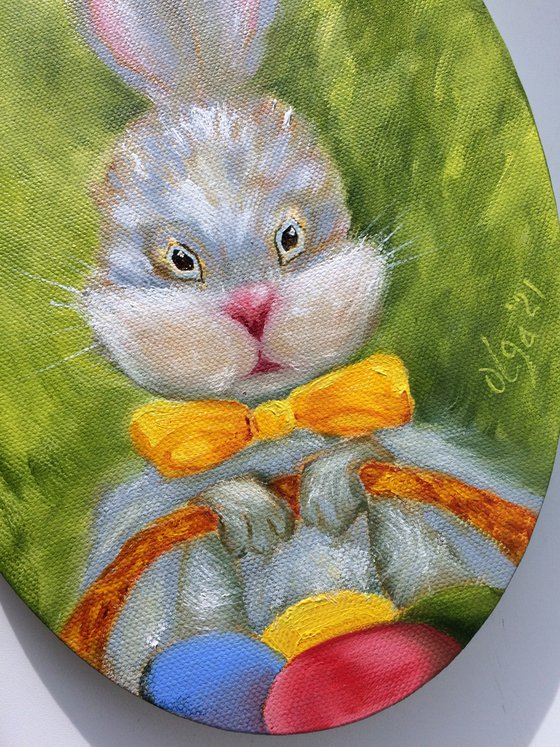 Easter Bunny with eggs - Small ellipse canvas - Funny gift idea