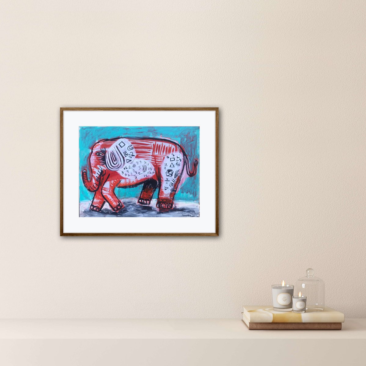 Geometric Animal Oil Painting By Roberto Munguia Garcia, 14 X 11", Orange Elephant, Original Artwork