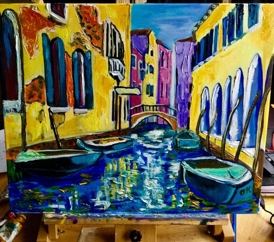 VENICE CANAL BRIDGE. HOME DECOR. PALETTE KNIFE OIL PAINTING. OFFICE URBAN WALL ART